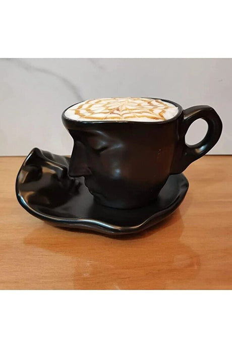 Modern Scandinavian Face Art Black Coffee Mug & Saucer Set - 110ml Capacity - TryAladdin