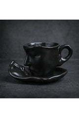 Modern Scandinavian Face Art Black Coffee Mug & Saucer Set - 110ml Capacity - TryAladdin
