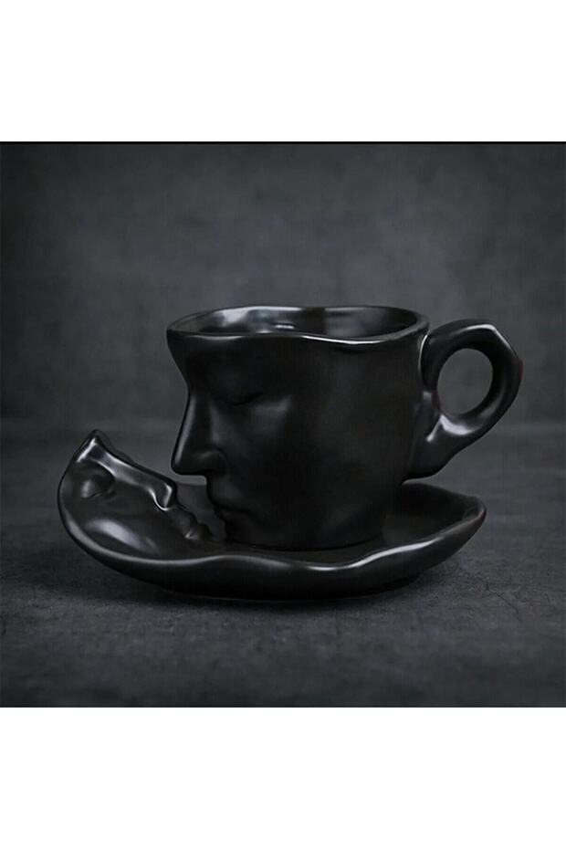 Modern Scandinavian Face Art Black Coffee Mug & Saucer Set - 110ml Capacity - TryAladdin