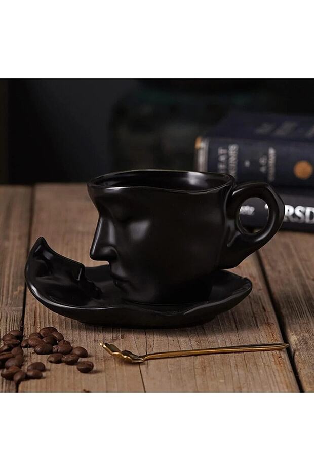 Modern Scandinavian Face Art Black Coffee Mug & Saucer Set - 110ml Capacity - TryAladdin