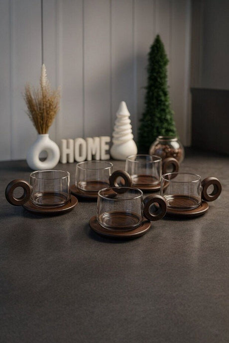 Morponi Premium Borosilicate Glass Tea & Coffee Cup Set with Acacia Handle & Saucer - Set of 6 - TryAladdin