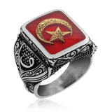 Premium Mens Silver Red Crescent Star Ring