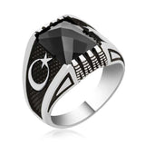 Men's Ring - Sterling Silver Black Onyx Crescent Star Design
