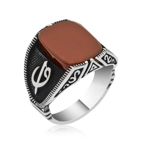 Men's Sterling Silver Ring with Red Agate and 'Elif Vav' Calligraphy