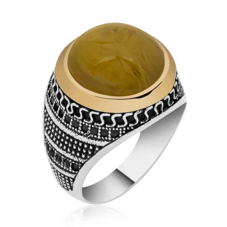 Men's Ring - Ornate Silver & Gold-Tone Pressed Amber Statement Ring