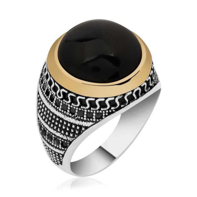 Men's Ring - Sterling Silver Black Stone Ornate Statement