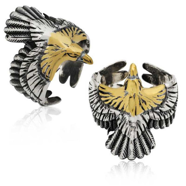 Premium Sterling Silver Gold Accent Eagle Men's Statement Ring