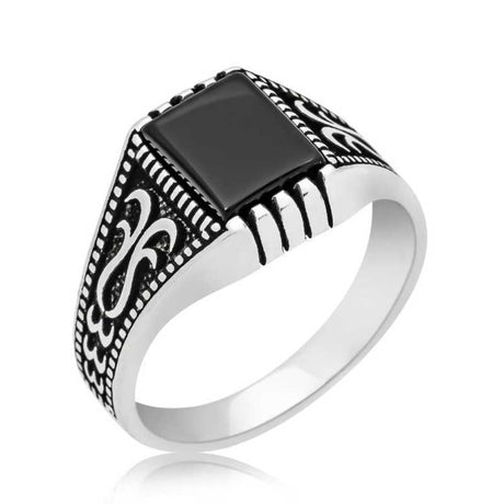 Men's Sterling Silver Ring - Engraved Black Onyx Statement Ring