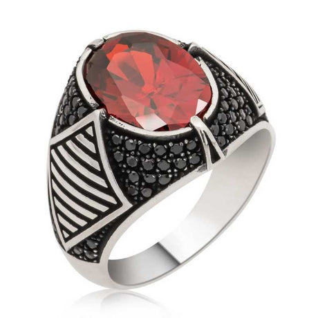 Men's Ring - Sterling Silver Red Stone & Black Zirconia Statement