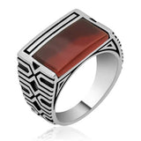 Men's Statement Ring - Sterling Silver Brown Agate Engraved