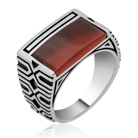 Men's Statement Ring - Sterling Silver Brown Agate Engraved