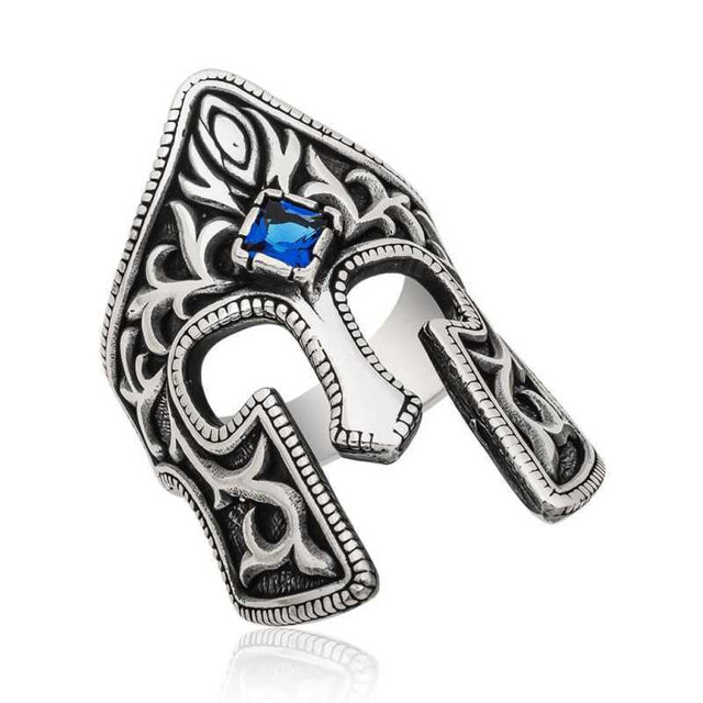 Men's Sterling Silver Spartan Helmet Statement Ring with Blue Gemstone