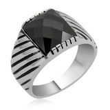 Men's Sterling Silver Ring - Faceted Black Zircon Bold Textured Design