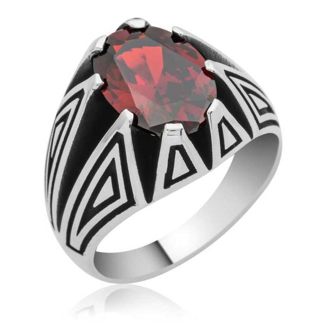 Men's Ring - Sterling Silver Red Zircon Geometric Statement Ring