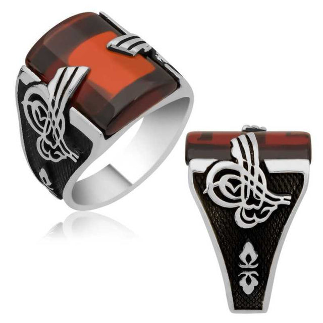 Men's Ring - Sterling Silver Reddish-Brown Agate Ottoman Tughra Design