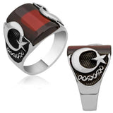 Men's Ring - Sterling Silver Red Stone Turkish Crescent Star