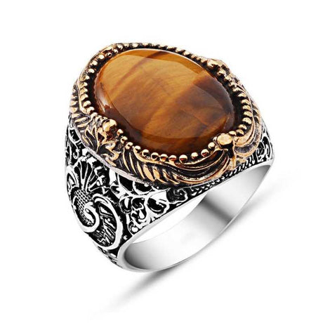 Premium Silver Tiger Eye Stone Mens Ring