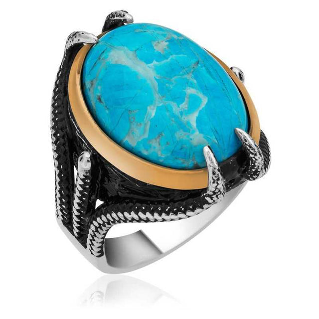 Men's Ring - Turquoise Stone Eagle Claw Silver & Gold Statement