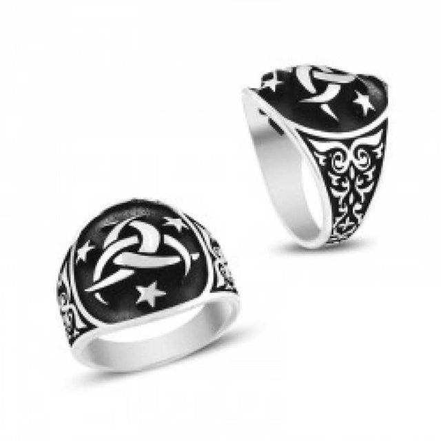 Premium Mens Silver Tone Crescent Star Signet Ring