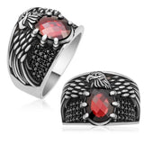 Men's Eagle Wing Ring - Silver-Tone with Red Gemstone