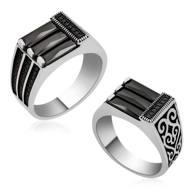 Men's Sterling Silver Ring - Black Baguette & Pave Stone Classic Design