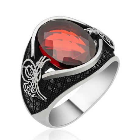 Premium Sterling Silver Ottoman Tughra Men's Ring with Red Stone