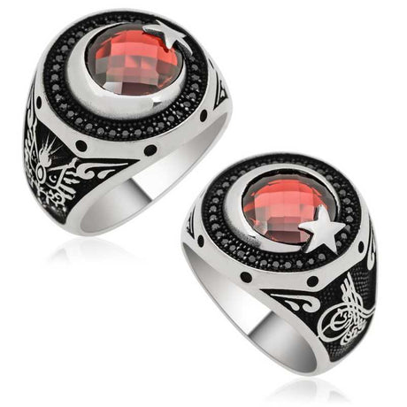 Premium Sterling Silver Ottoman Crescent Star Men's Ring