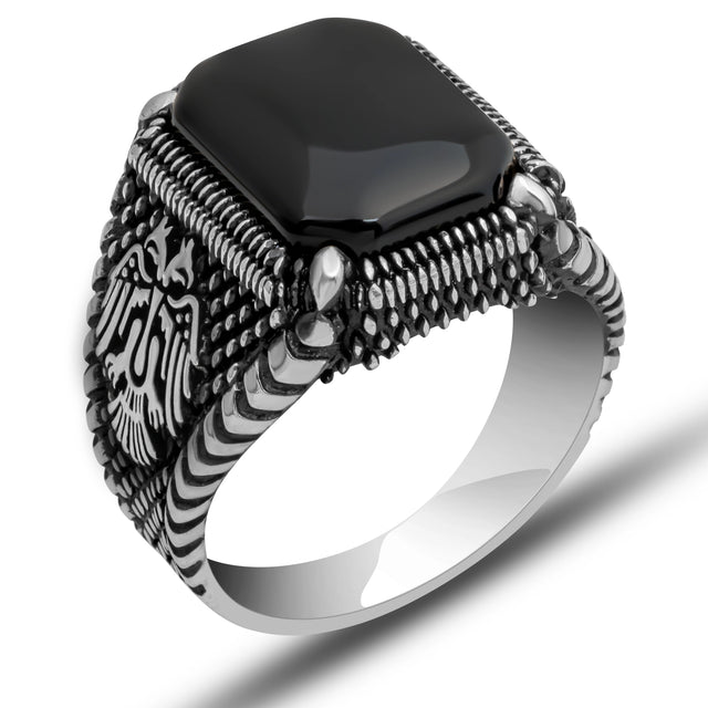 Premium Sterling Silver Double-Headed Eagle Onyx Men's Ring