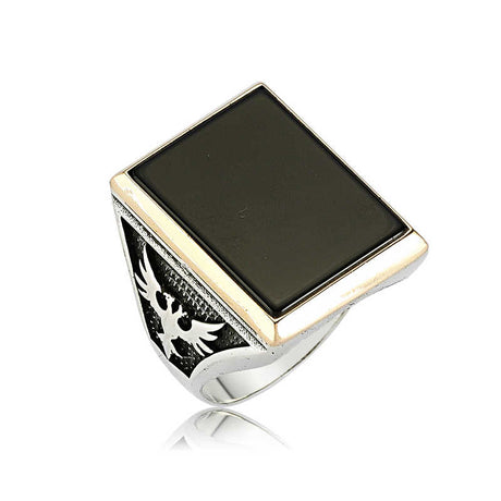 Men's Sterling Silver Ring - Black Onyx Double-Headed Eagle Design