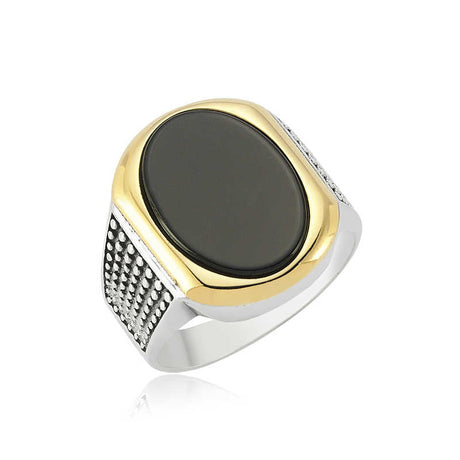 Men's Ring - Black Stone, Two-Tone Bezel Set Textured Band