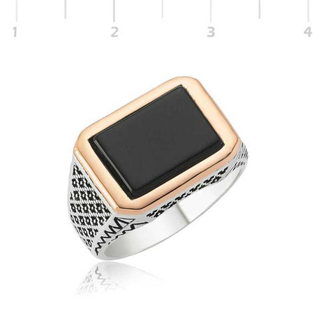 Men's Statement Ring - Two-Tone Silver & Rose Gold with Black Stone