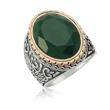 Men's Sterling Silver Ornate Green Faceted Stone Ring