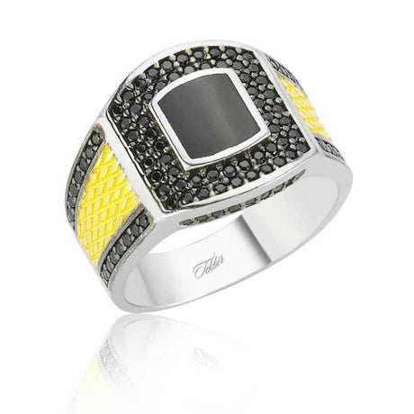 Men's Ring - Sterling Silver Black Onyx & Yellow Accent Statement Ring