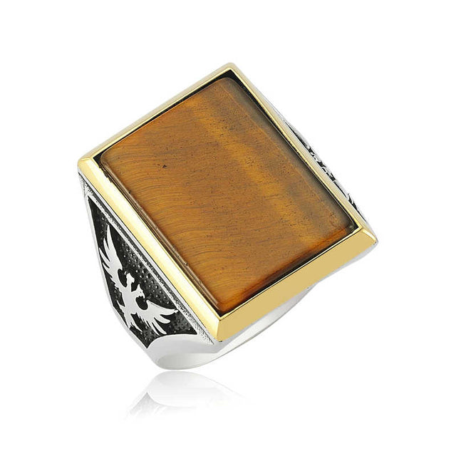 Men's Ring - Tiger's Eye Stone with Eagle Motif Two-Tone Design