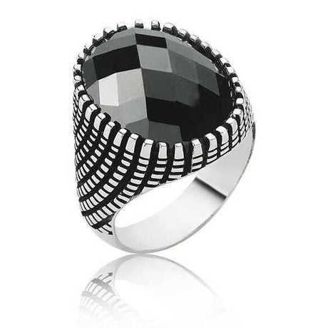 Men's Ring - Sterling Silver Black Faceted Statement Ring
