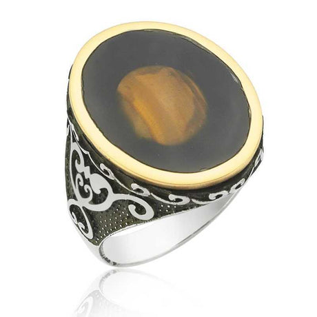 Men's Ring - Tiger's Eye & Two-Tone Silver Gold Ornate Statement