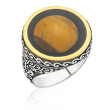 Men's Ring - Sterling Silver Tiger's Eye Gold Accent Ornate
