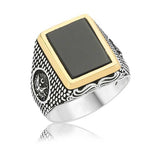 Men's Sterling Silver Black Onyx Ring - Ottoman Emblem Design