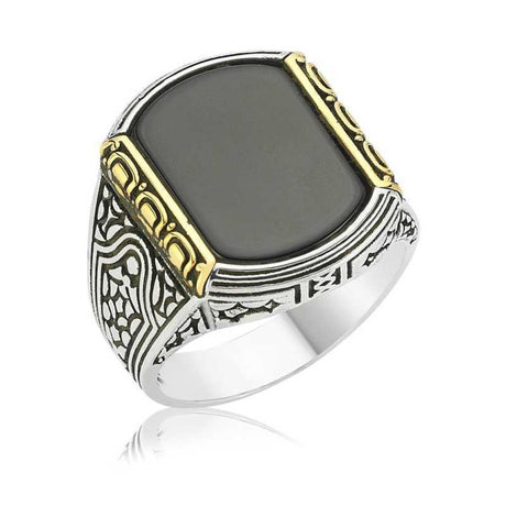 Men's Statement Ring - Sterling Silver with Black Stone & Gold Accents