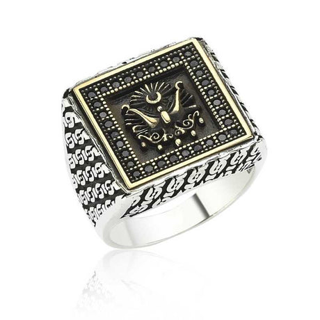 Sterling Silver Men's Ottoman Coat of Arms Ring - Black Zirconia