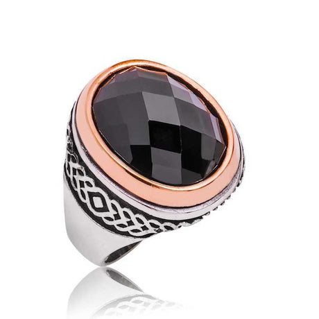 Men's Ring - Faceted Black Stone with Rose Gold-Tone & Silver-Tone Celtic Band