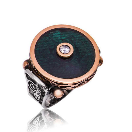Men's Ottoman Rotating Ring - Rose Gold-Tone Silver & Green Inlay