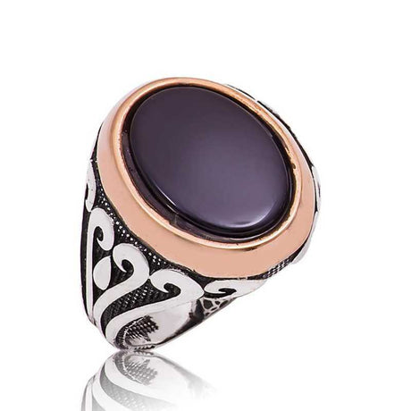 Men's Ring - Black Onyx Sterling Silver with Rose Gold Accents