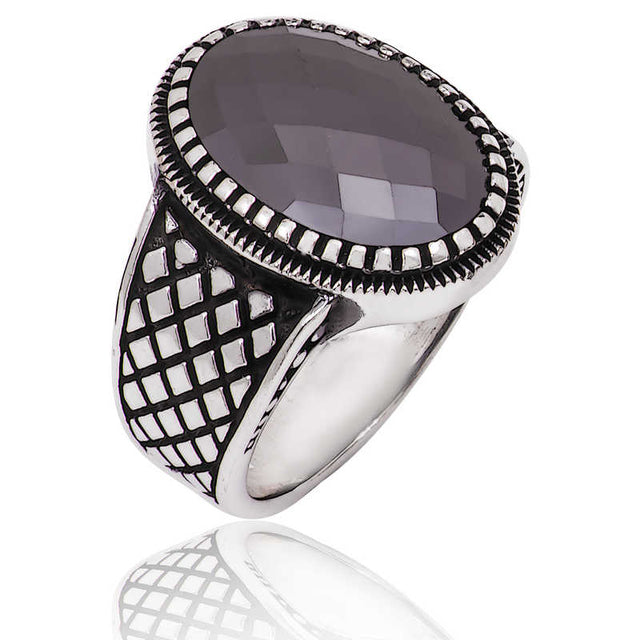 Men's Ring - Sterling Silver Faceted Black Stone Statement Ring