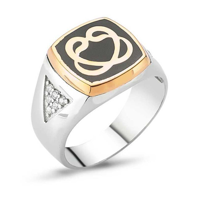 Men's Ring - Sterling Silver Double Vav Gold-Tone & Black Enamel