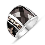 Men's Ring - Sterling Silver Black Stone Ottoman Tughra Design