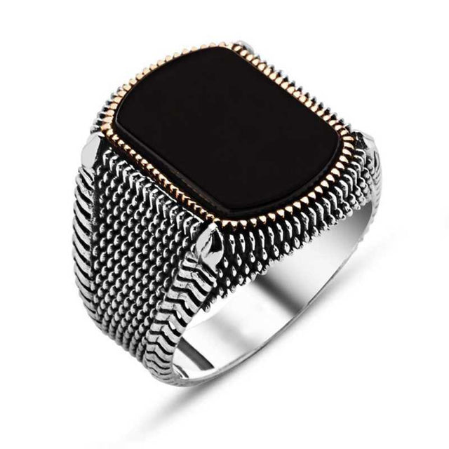 Men's Ring - Sterling Silver Black Onyx Textured Statement