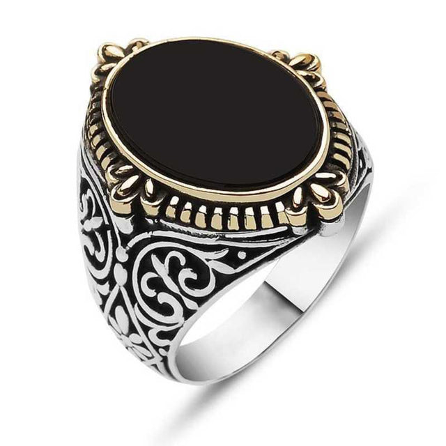Men's Ring - Black Onyx Sterling Silver Ornate Floral Design