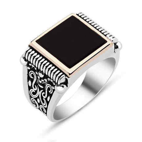 Men's Sterling Silver Ring - Black Onyx with Vintage Filigree Design