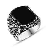 Men's Ring - Sterling Silver Black Onyx Ottoman Tughra Statement Ring